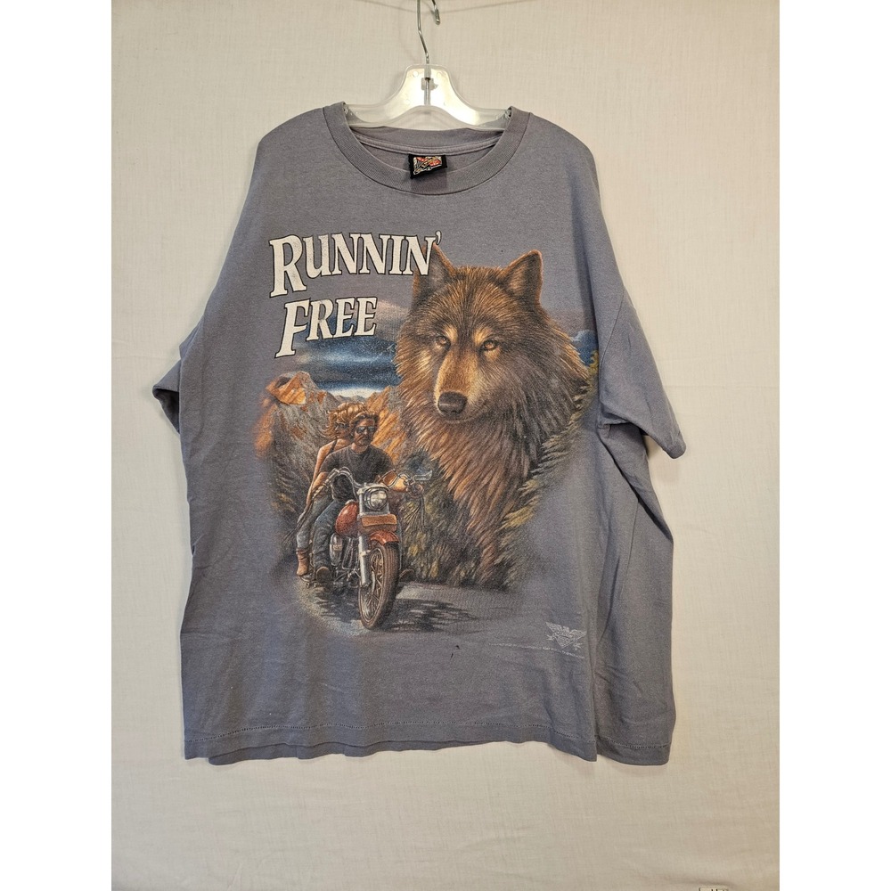 Vintage 3D Emblem Runnin Free Wolf Motorcycle T-Shirt Gray Large Made in USA